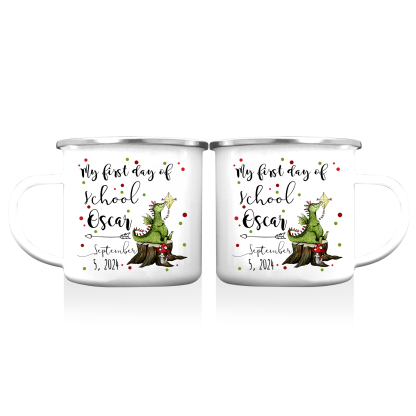 Personalised Enamel Mug Custom Name & Date Dinosaur Cup Back to School Gift for Kids - My First Day Of School-Jessemade AU