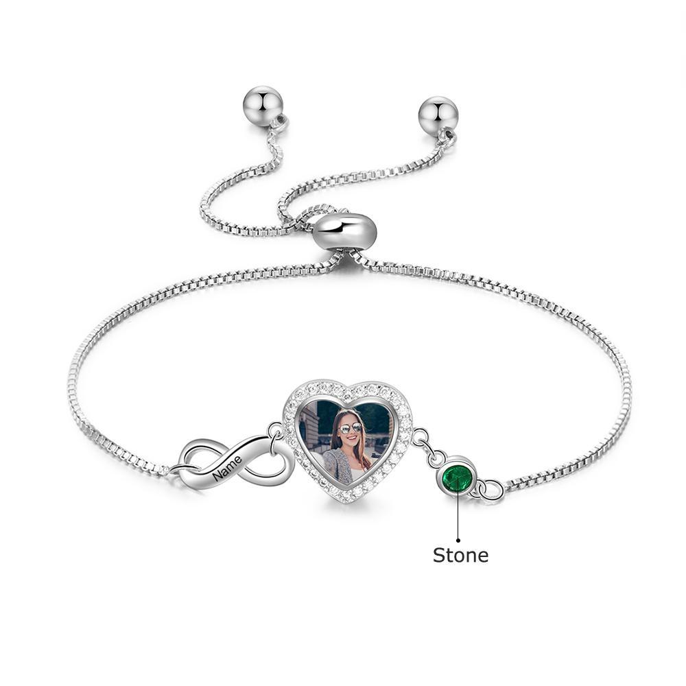 Infinity Love Heart Photo Bracelet with Birthstone Personalised with Engraving