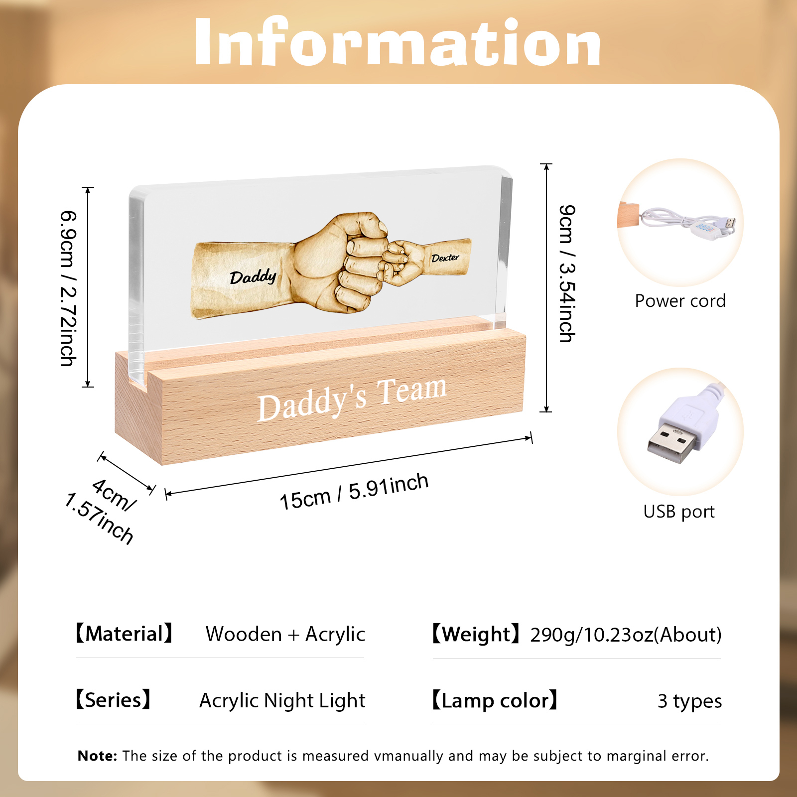 2 Names -  Personalised Name & Text Acrylic Night Light Custom Fist Bump LED Lamp Fathers Day Gifts-Jessemade AU