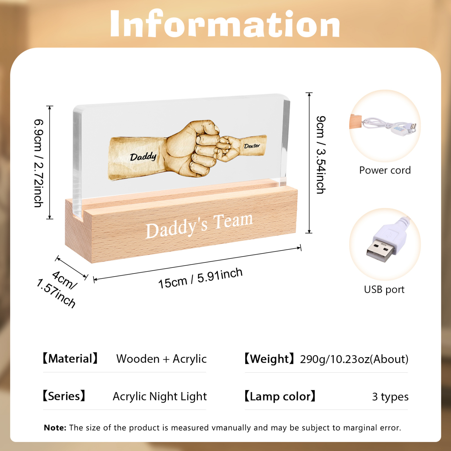 2 Names -  Personalised Name & Text Acrylic Night Light Custom Fist Bump LED Lamp Fathers Day Gifts-Jessemade AU