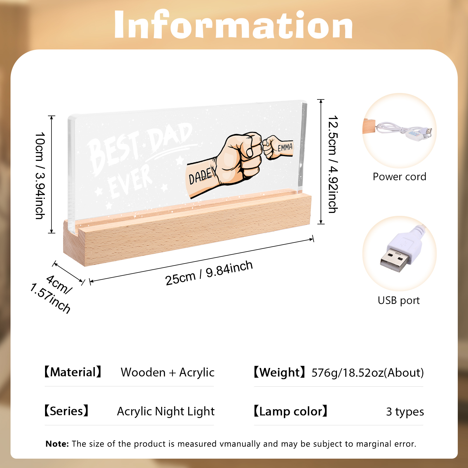 Best Dad Ever - Personalised 2 Names Acrylic Night Light Custom Fist Bump LED Lamp Fathers Day Gifts-Jessemade AU