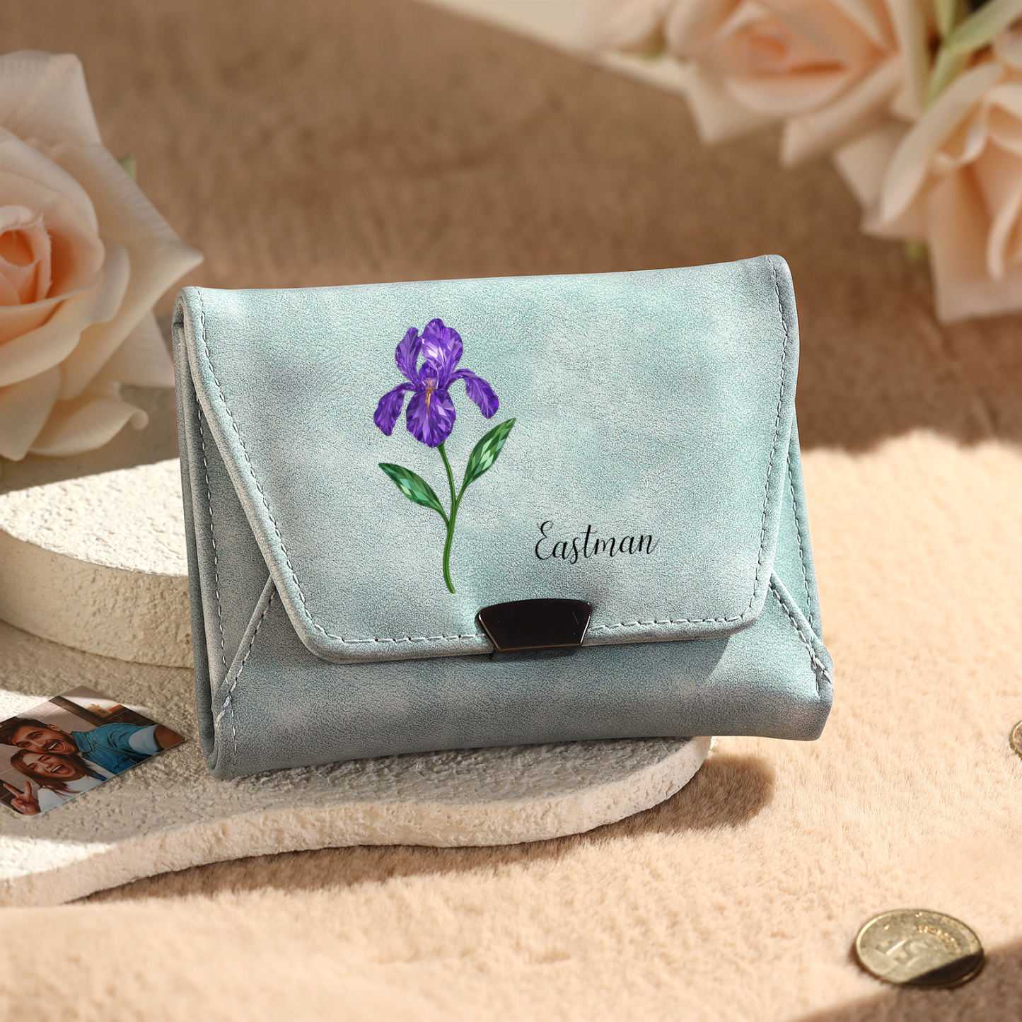 Personalised women’s leather wallet with birth flower and name