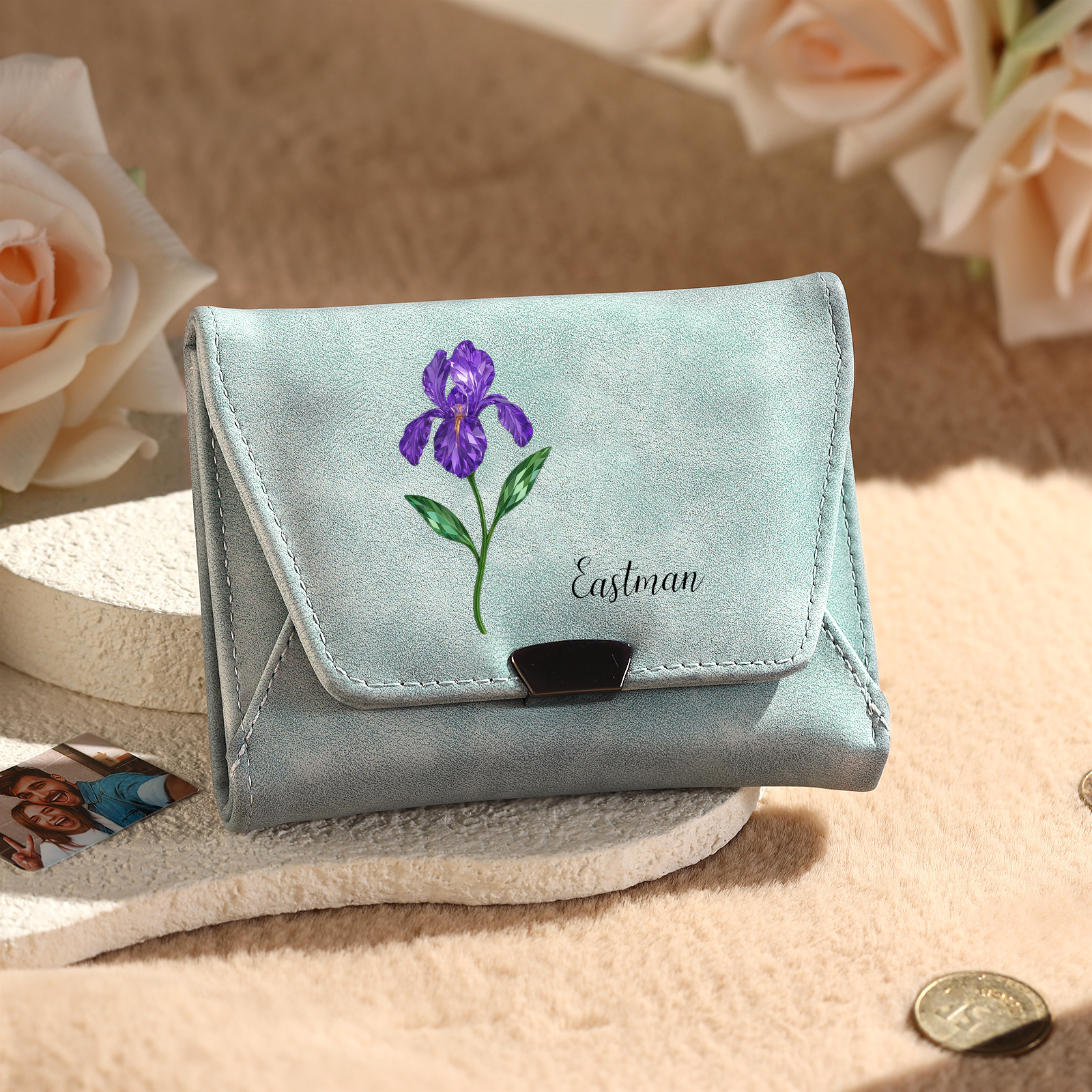 Personalised women’s leather wallet with birth flower and name