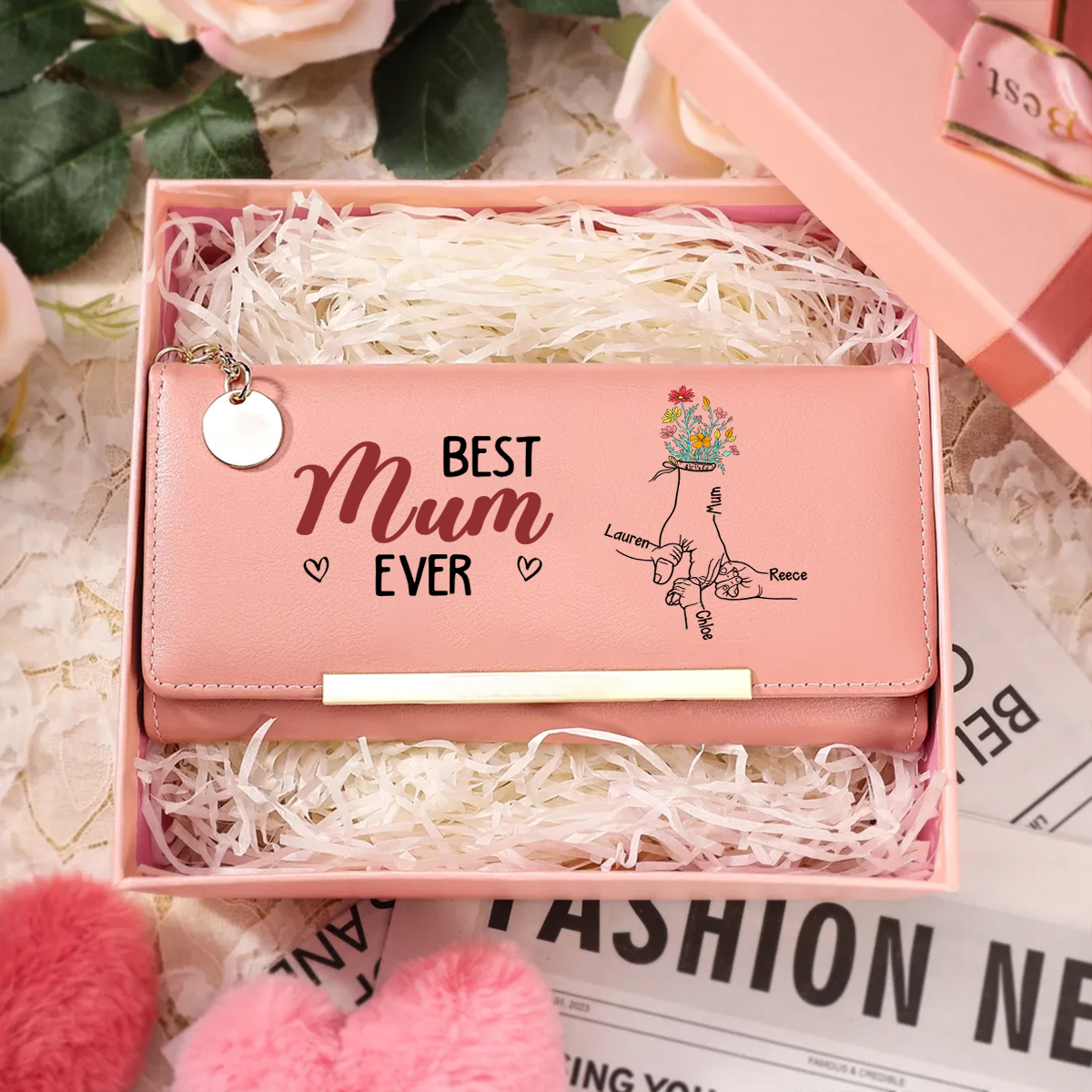 Personalised Women's Wallet with 'Hand in Hand' Floral Motif – Best Mum/Grandma Ever