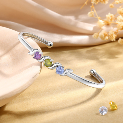 Personalised Women’s Birthstone Bangle Family Bracelet Customised with 1–5 Names and Stones