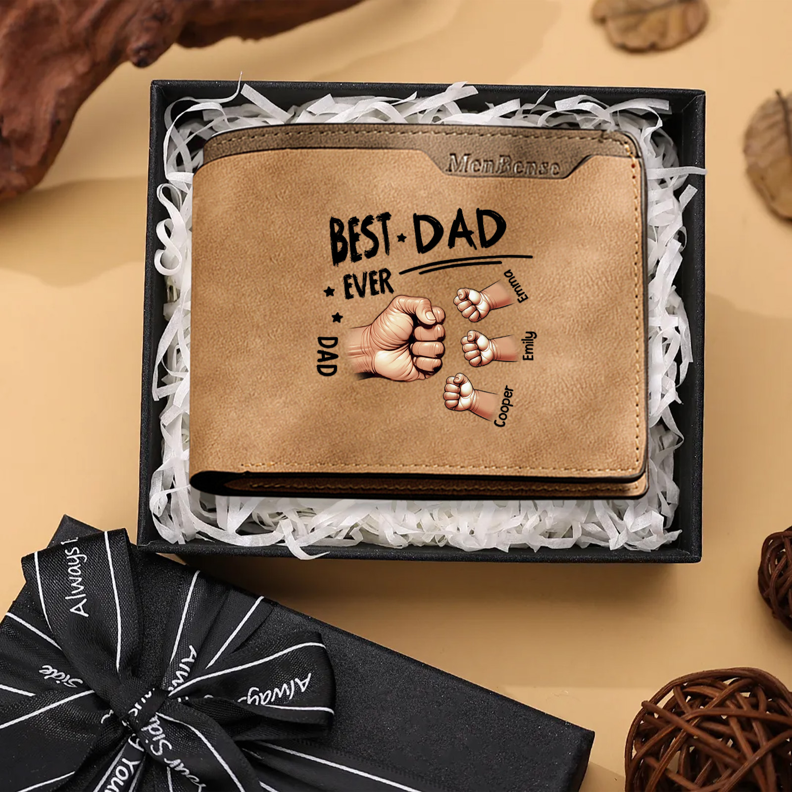 Best Dad Ever—Personalised Leather Wallet Custom 2-7 Names and Fist Bump | Father's Day Gift for Dad | Jessemade