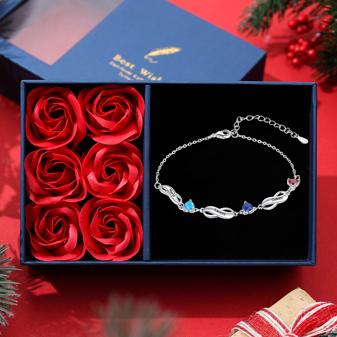 Personalised Infinity Bracelet With 3 Birthstones Engraved Names Bracelet Gift For Women