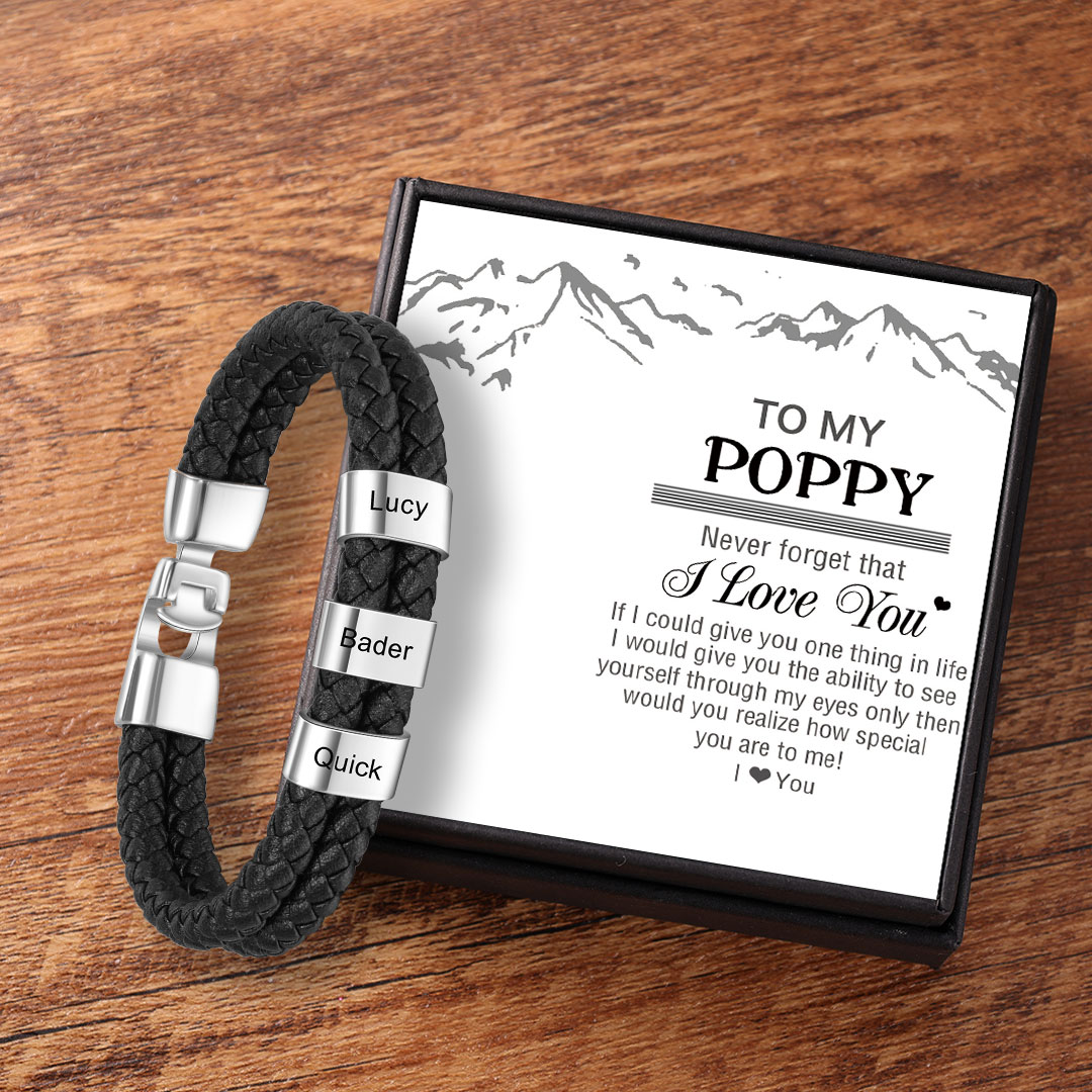 Personalised Braided Leather Bracelet Engraved 3 Names Men's Bracelet Gifts for Poppy-Jessemade AU