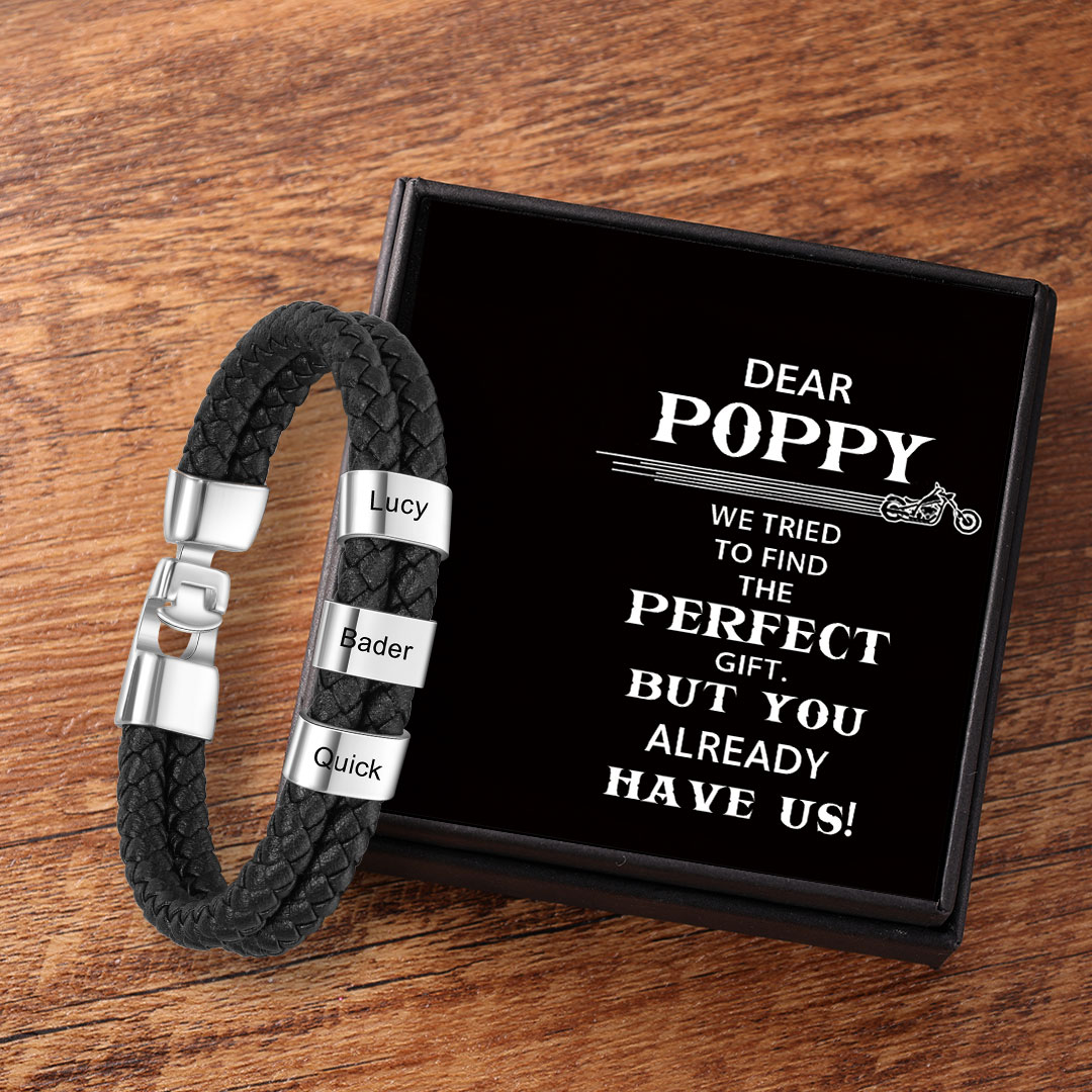 Personalised Braided Leather Bracelet Engraved 3 Names Men's Bracelet Gifts for Poppy-Jessemade AU