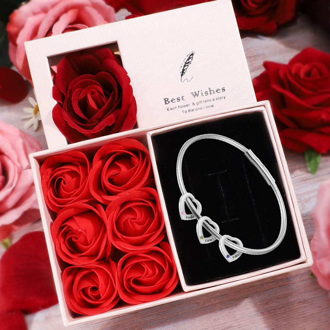 Personalised Heart Bracelet With 3 Birthstones Engraved Names Bracelet Gift For Women-Jessemade AU