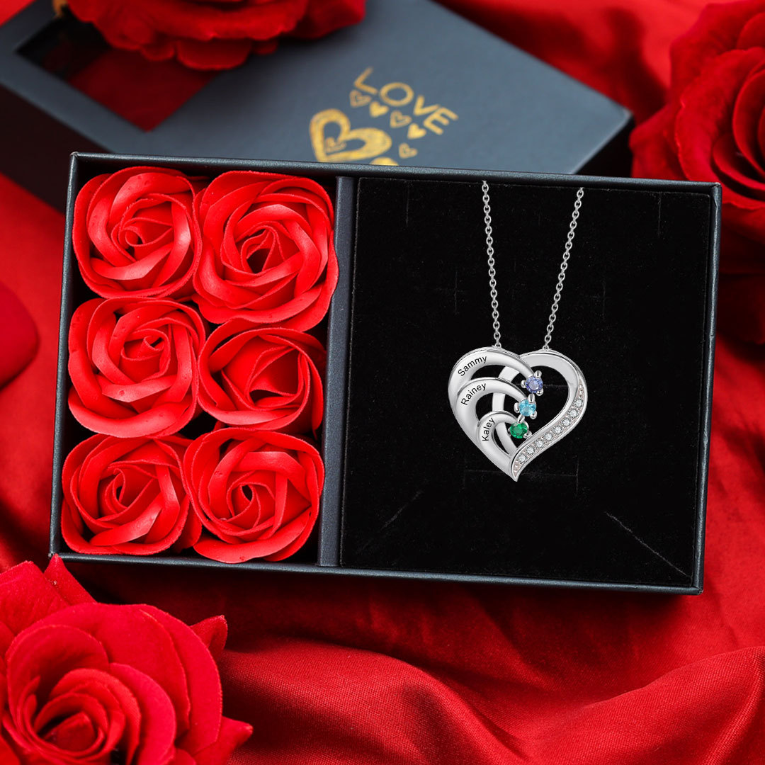 Personalised Heart 2-5 Birthstones & Names Necklace A Thoughtful Gift for Valentine