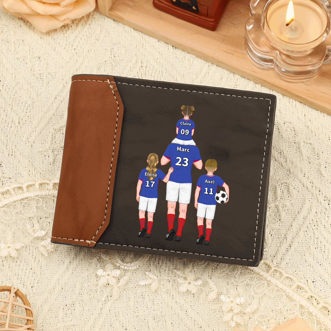 Personalised Men Leather Wallet Engraved 2-9 Names Jersey Number Wallet Football Family Folding Wallet Gift For Dad