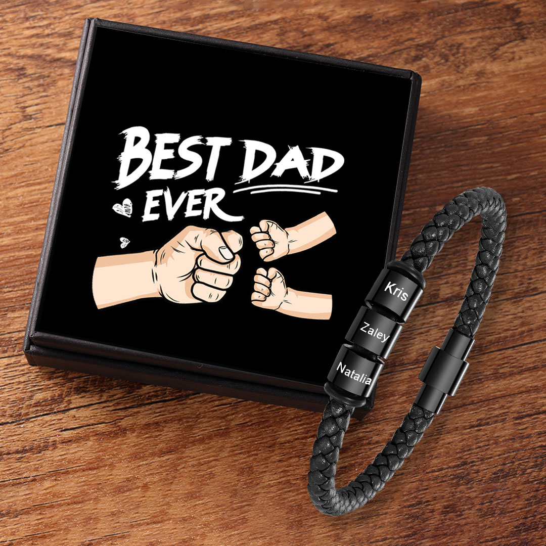 3 Names - Personalised Men's Leather Bracelet Custom Beaded Bracelets Fathers Day Gifts for Him