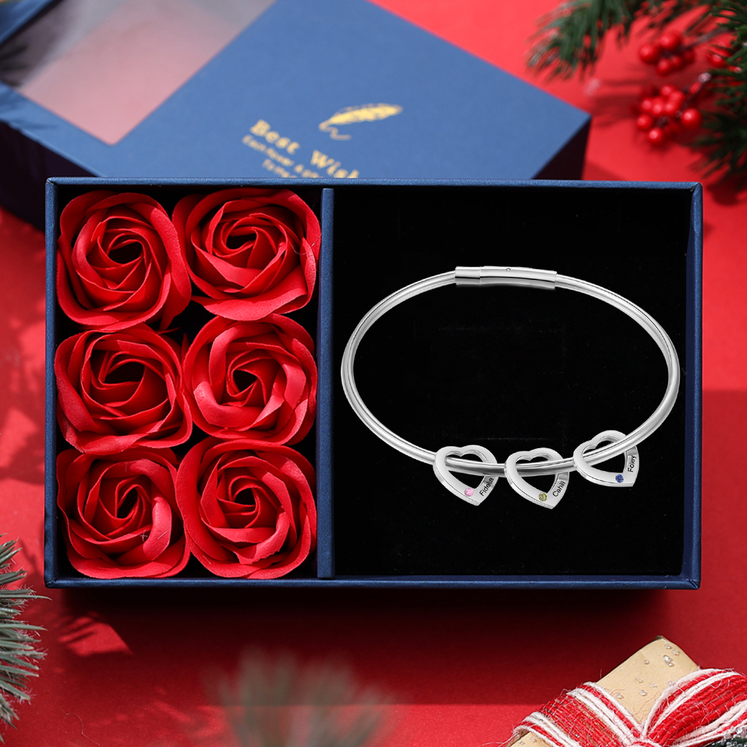 Personalised Heart Bracelet With 3 Birthstones Engraved Names Bracelet Gift For Women-Jessemade AU