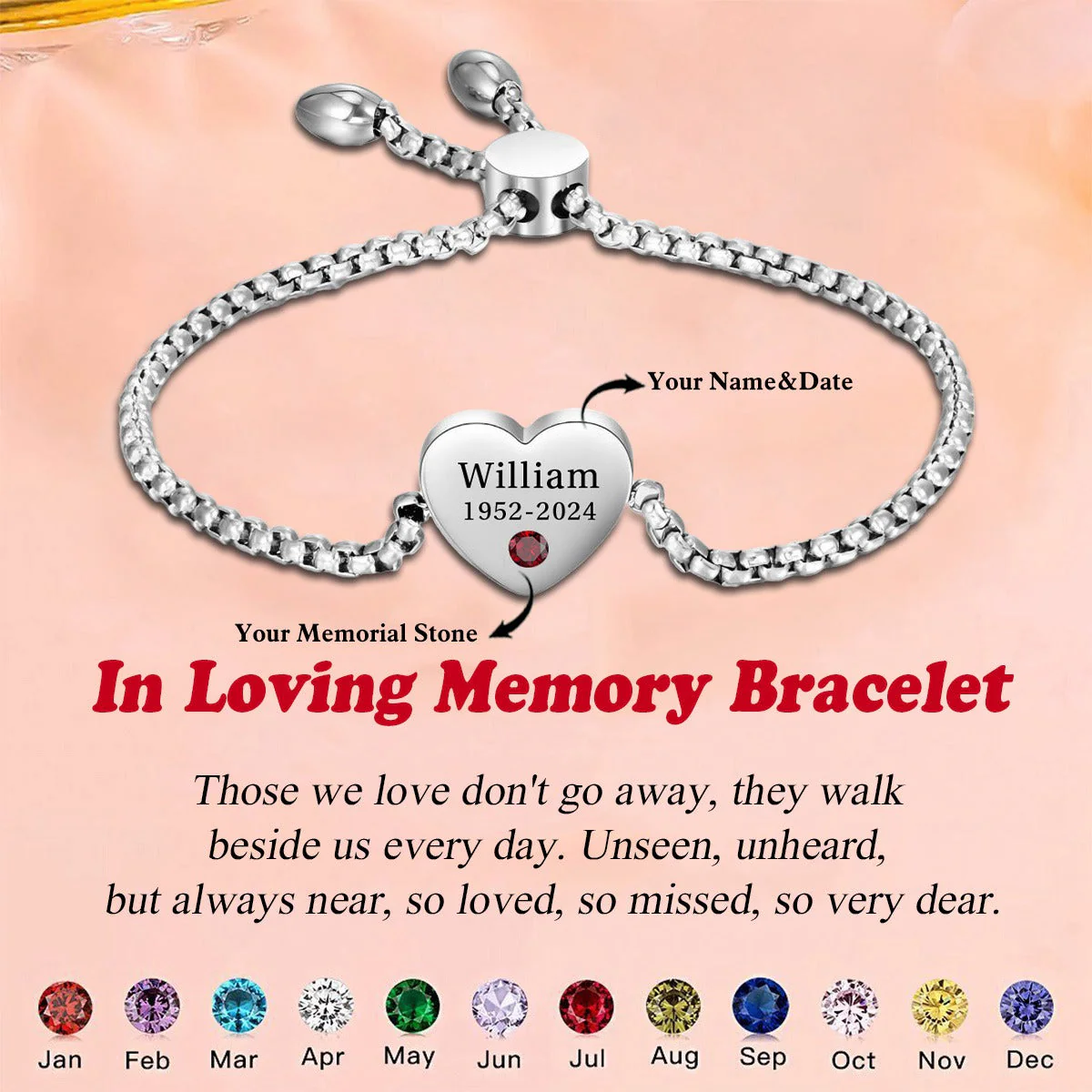Personalised Memorial Bracelet Custom with Name Date Birthstone Card - They Walk Beside Us Every Day-Jessemade AU