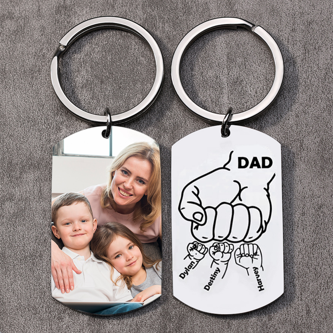 Dad Fist Bump Personalised Photo Keychain Engrave 3 Names Father's Day Gifts