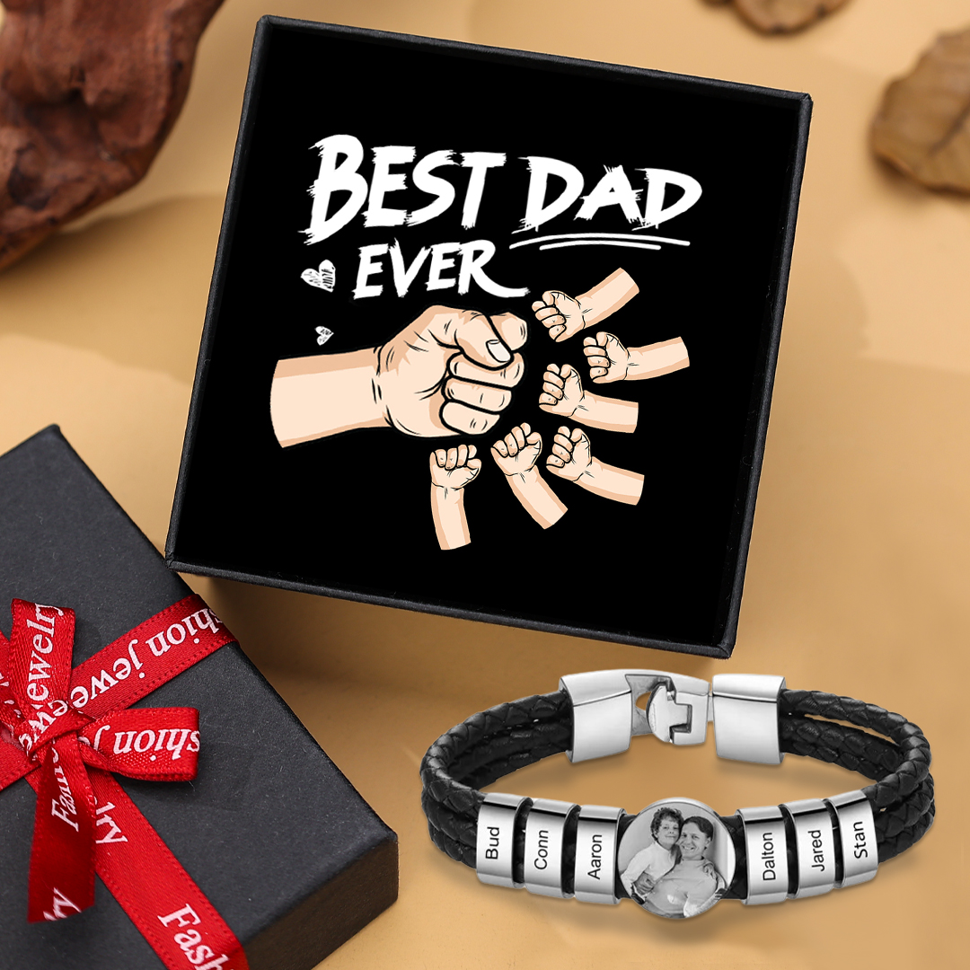 Personalised Men's Leather Bracelet Custom 6 Names & 1 Photo Braided Bracelet Father's Day Gifts for Him-Jessemade AU