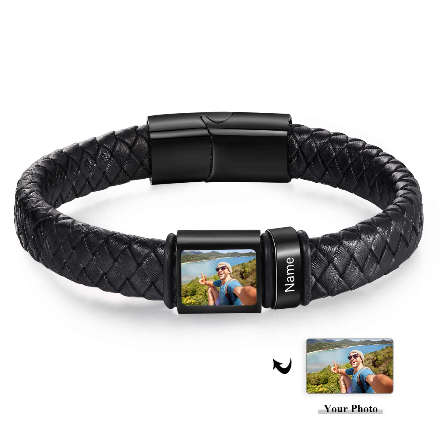 Personalised Men's Leather Bracelet Custom 1 Photo & 1–6 Names Black Silver Gift for Him-Jessemade AU