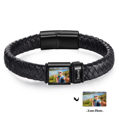 Personalised Men's Leather Bracelet Custom 1 Photo & 1–6 Names Black Silver Gift for Him-Jessemade AU