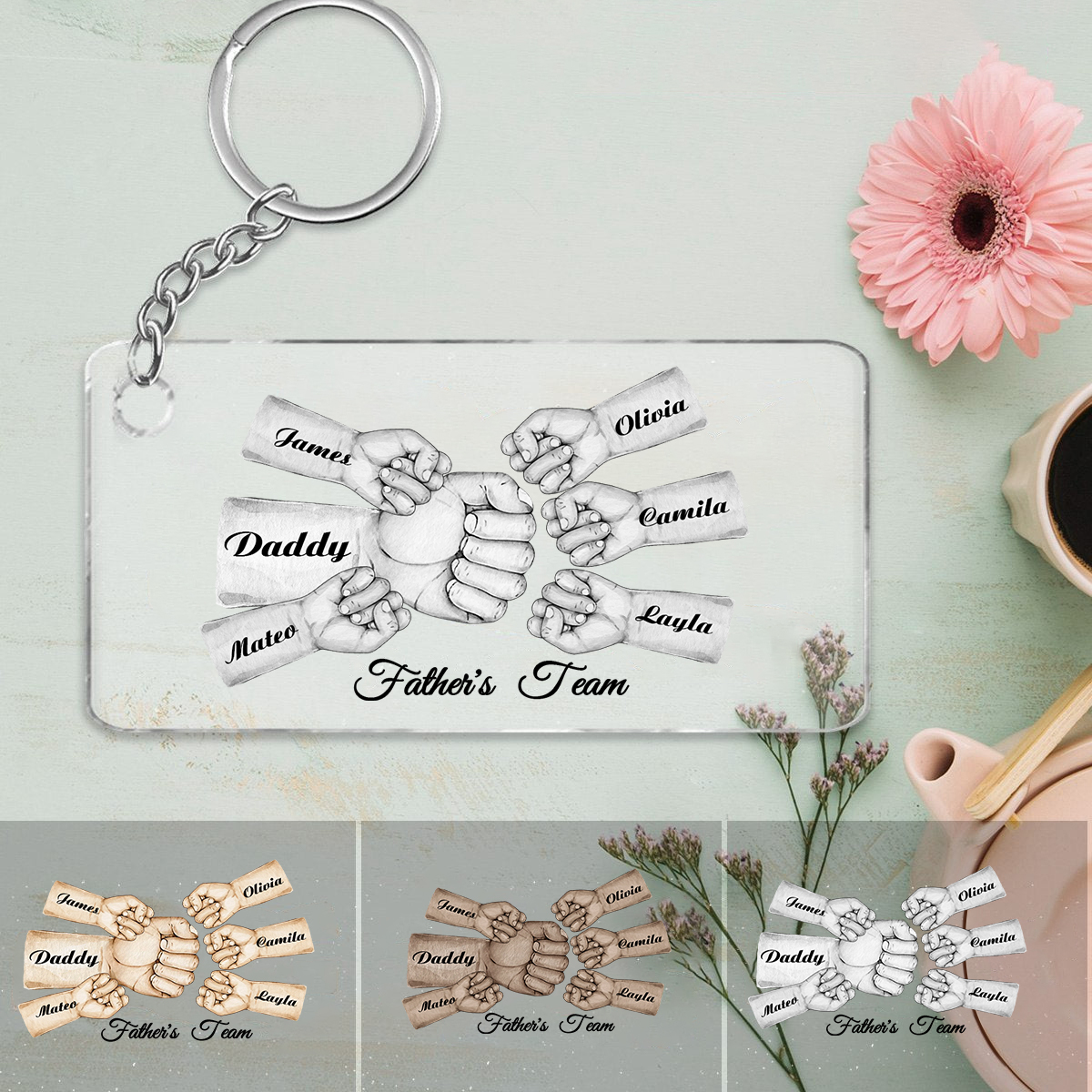 6 Names - Personalised Text & Name Acrylic Keychain Fist Bump Fathers Day Gifts for Dad/Grandpa-Jessemade AU
