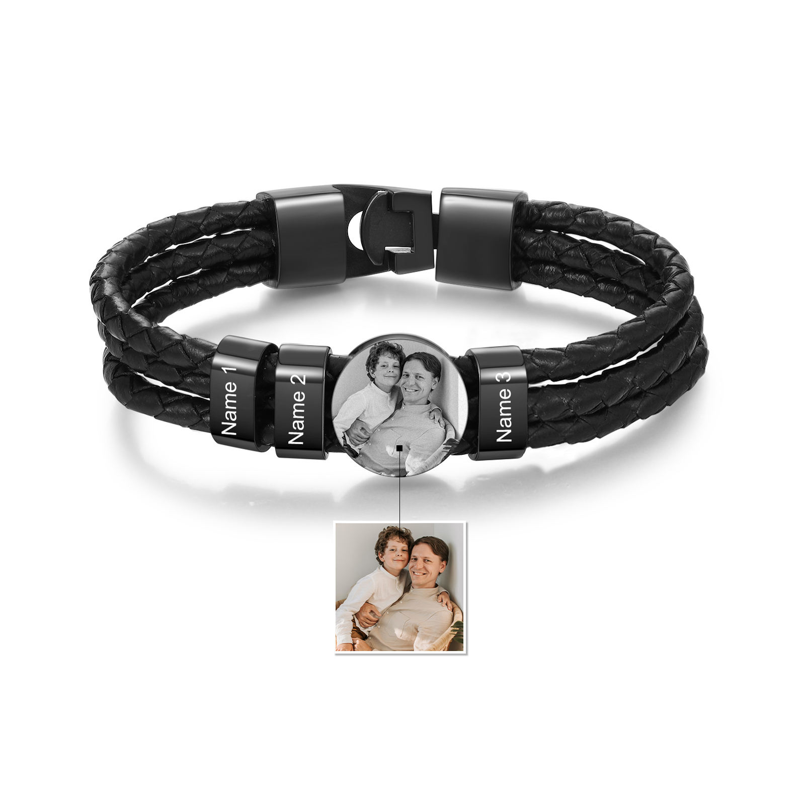 Personalised Men's Leather Bracelet Custom 3 Names & 1 Photo Braided Bracelet Father's Day Gifts for Him-Jessemade AU