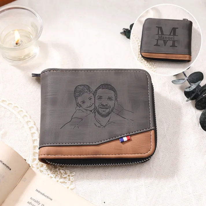 Personalised Photo & Name & Letter Billfold Wallet Monogram Leather Wallet Zipper Men's Wallet Father's Day Gifts