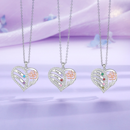 Personalised Heart & Flower Birthstone Necklace Custom 3 Family Names Mother Necklace Christmas Gift-Jessemade AU