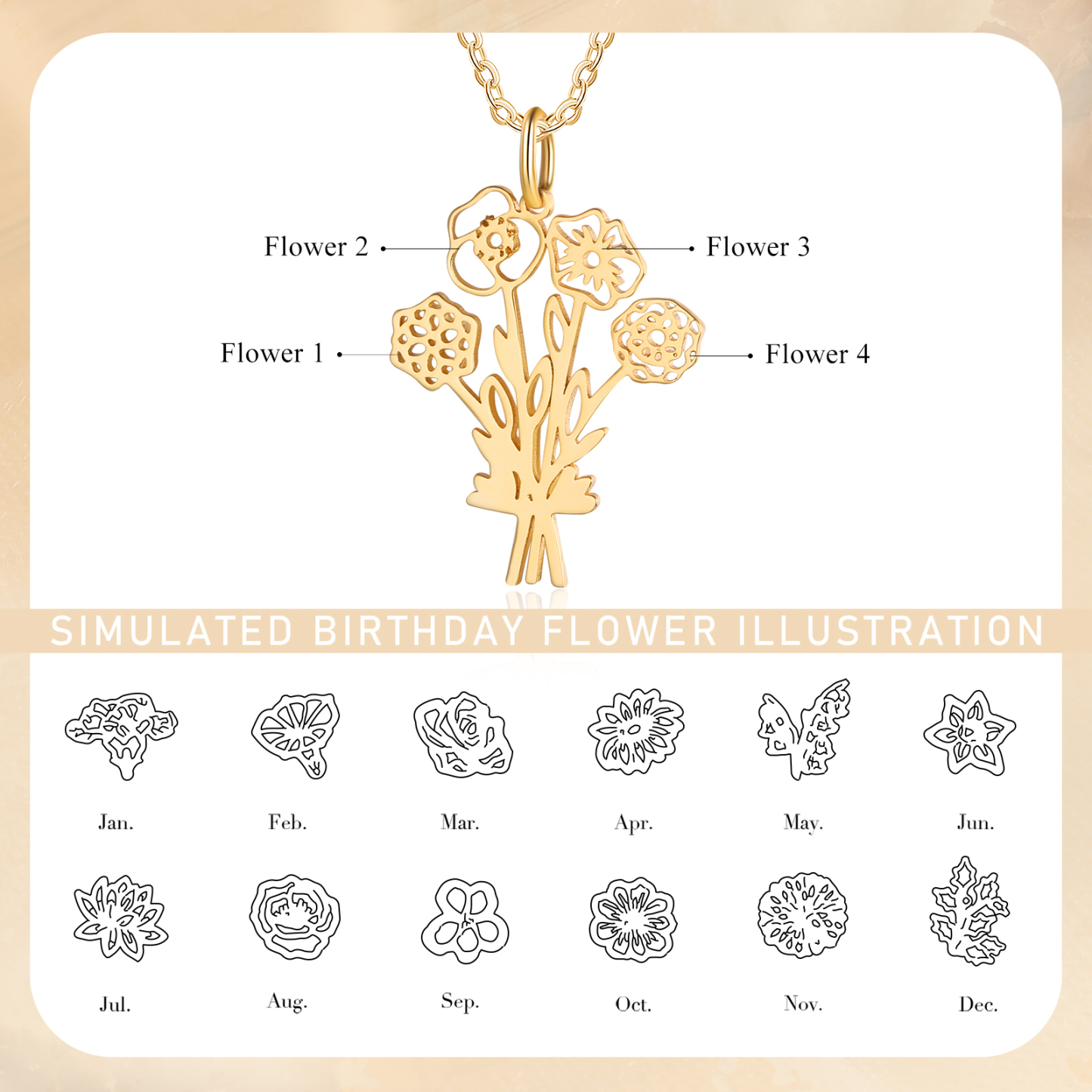 Personalised 4 Birthday Flowers Necklace Custom Pendant Necklace Gold Birthday Gift for Her-Jessemade AU