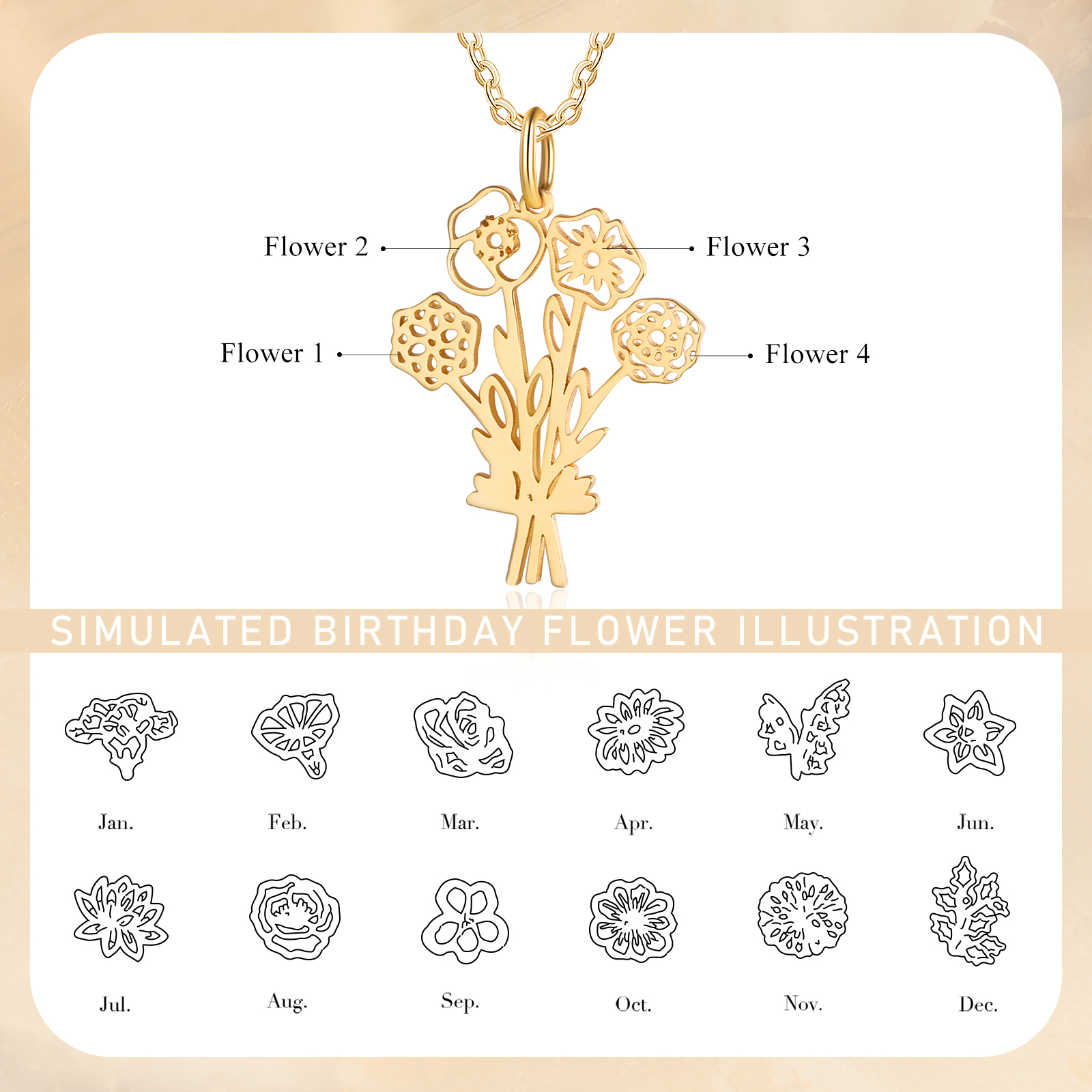 Personalised 4 Birthday Flowers Necklace Custom Pendant Necklace Gold Birthday Gift for Her-Jessemade AU
