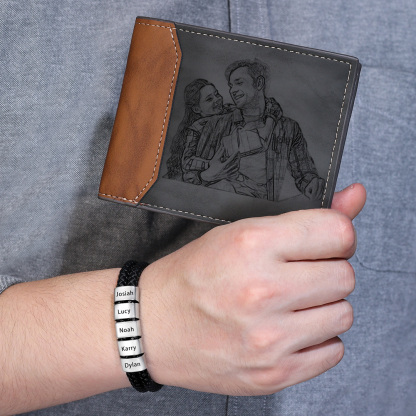 Personalised 1 Photo & 1 Letter & 6 Names Gift Set Custom Wallet & Bracelet Gift Box Set Christmas Gifts