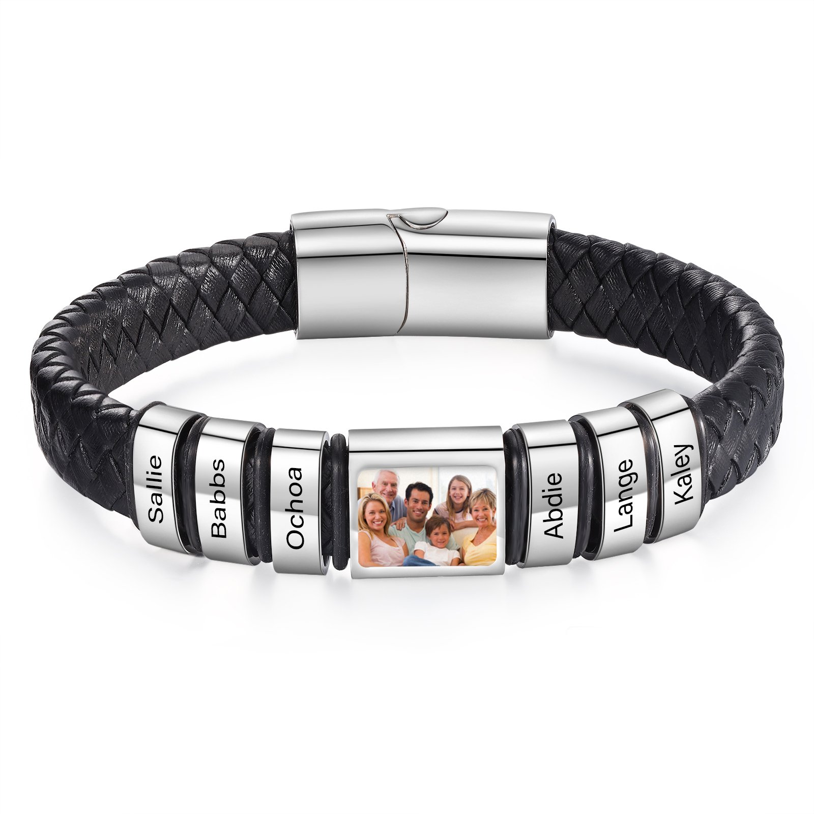 Personalised Men's Leather Bracelet Custom 1 Photo & 1–6 Names Black Silver Gift for Him-Jessemade AU