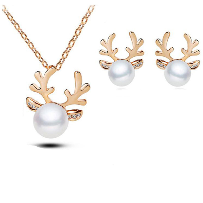 Reindeer Pearl Necklace and Earrings Set Perfect Christmas Gift