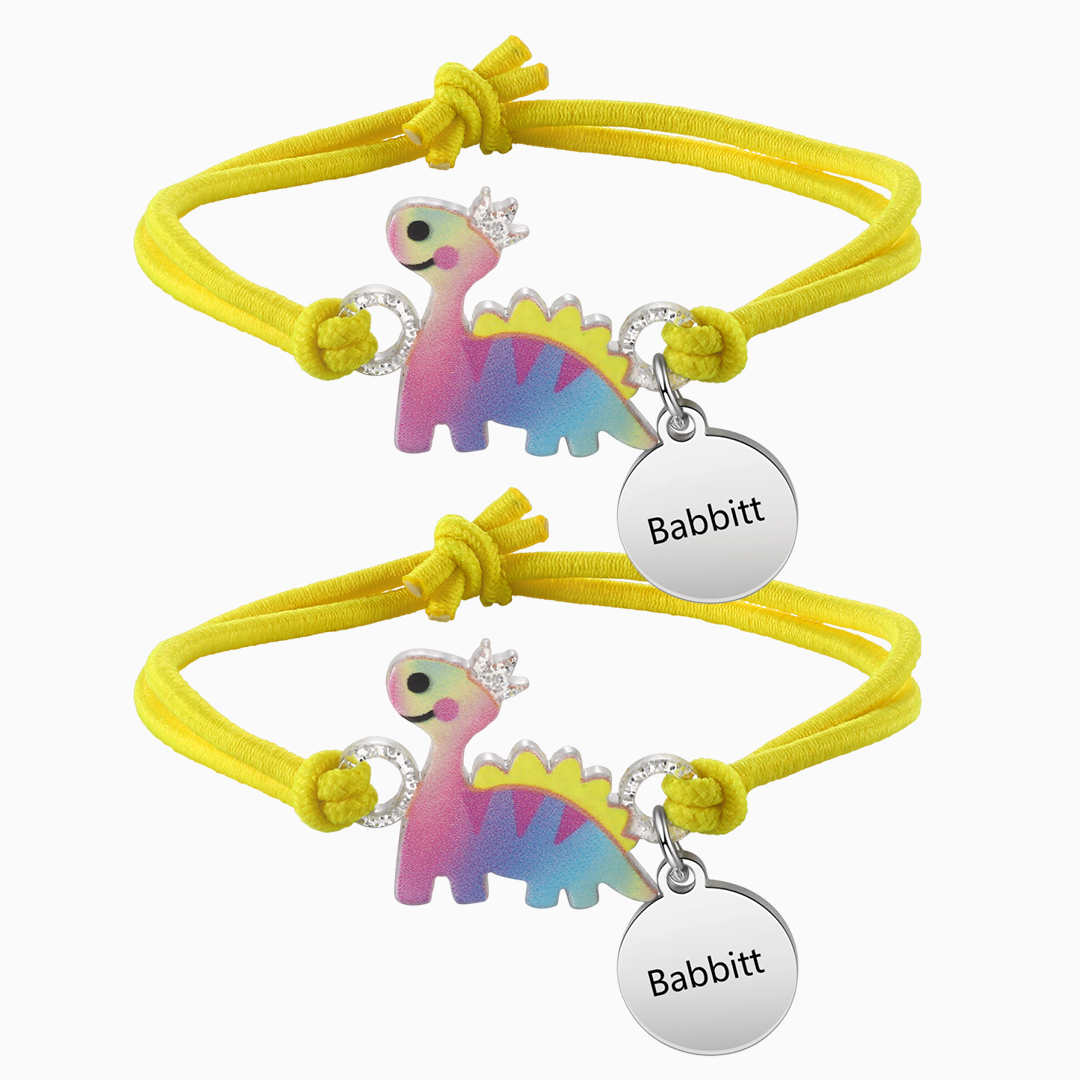2 Pcs Bracelet Set Custom Names Yellow Dinosaur Charm Hair Ties Back To School Gift for Girls - My Heart Will Be With You Throughout The Day