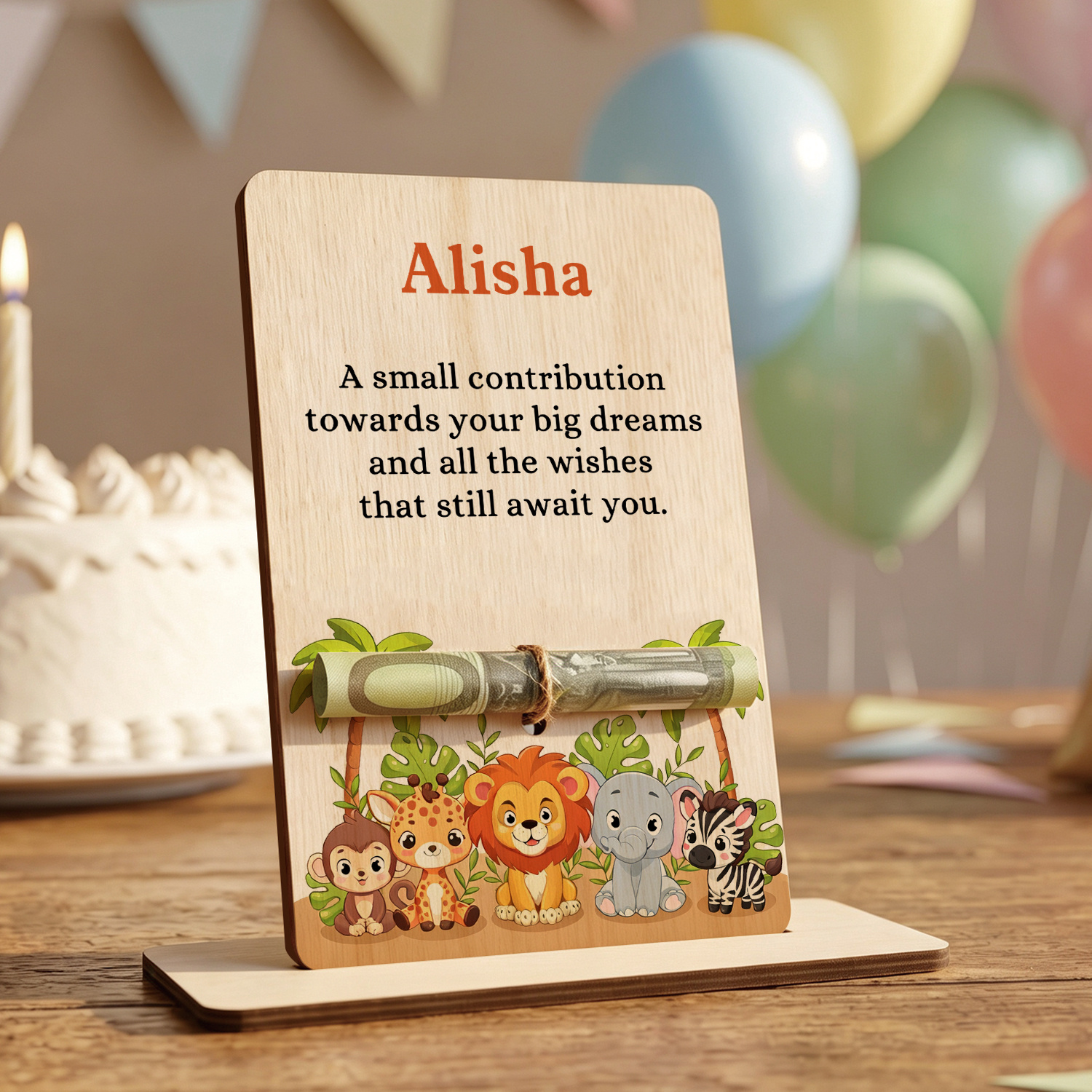 Personalised Wooden Money Holder with Name – Children's Birthday Gift Animal Design