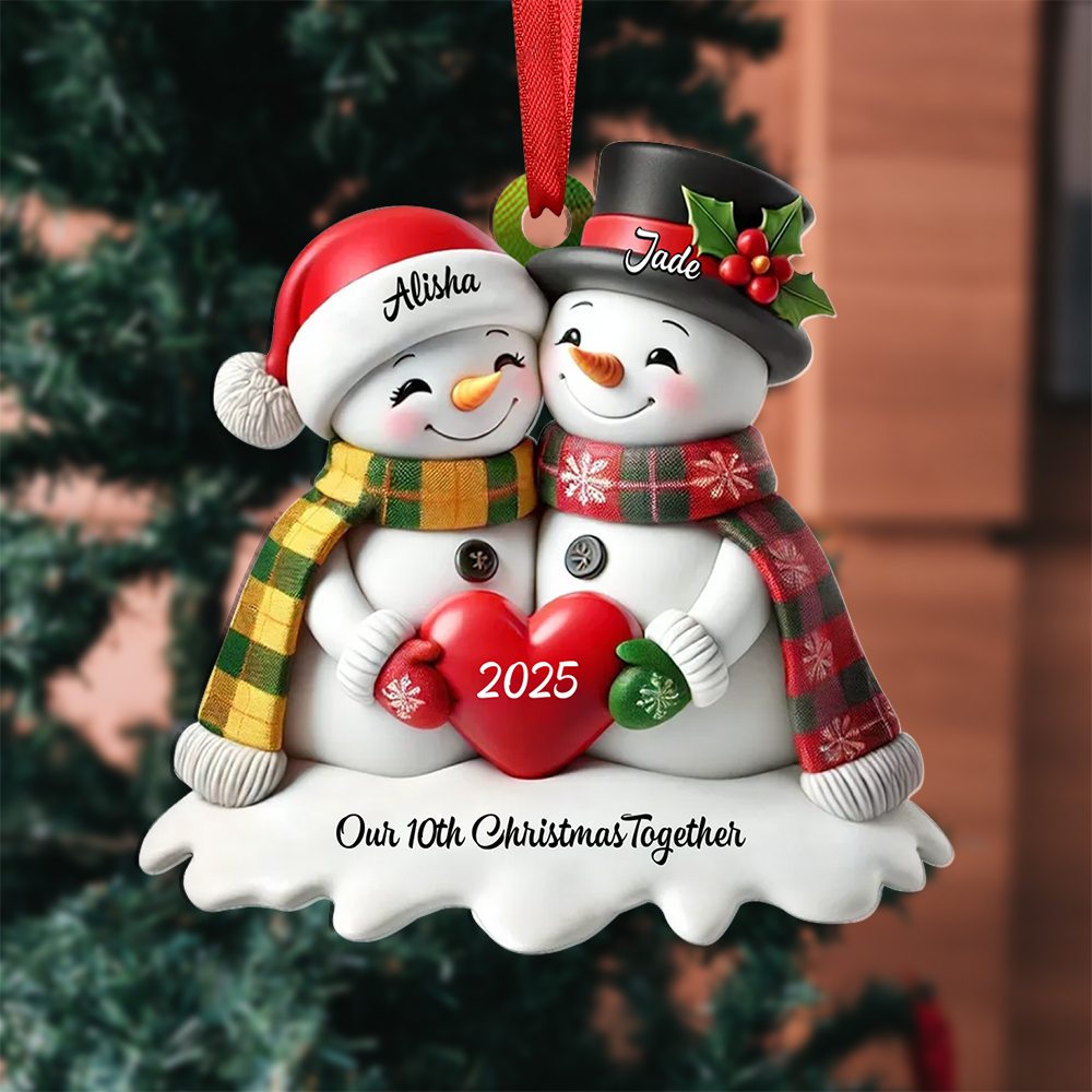 Customisable Heart Snowman Couple Christmas Tree Decoration