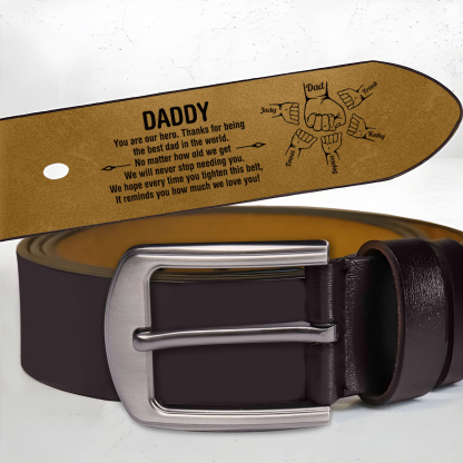 Personalised Leather Belt with 2-7 Names and Fist Bump Engraving Thoughtful Father’s Day Gift for Dad | Jessemade