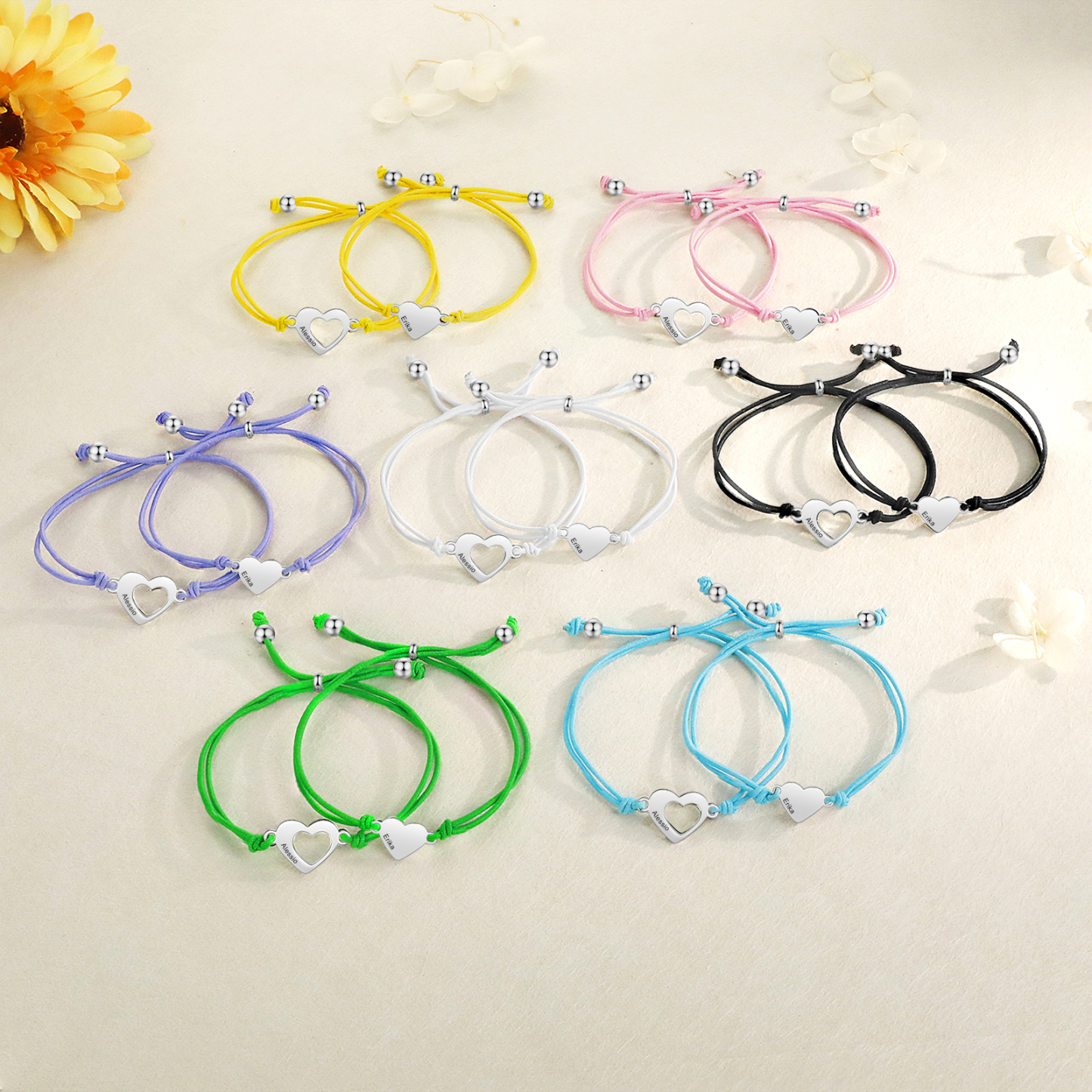 2 Pcs Heart Bracelet Set Custom 2 Names Adjustable Bracelets Back to School Gift for Daughter Granddaughter-Jessemade AU