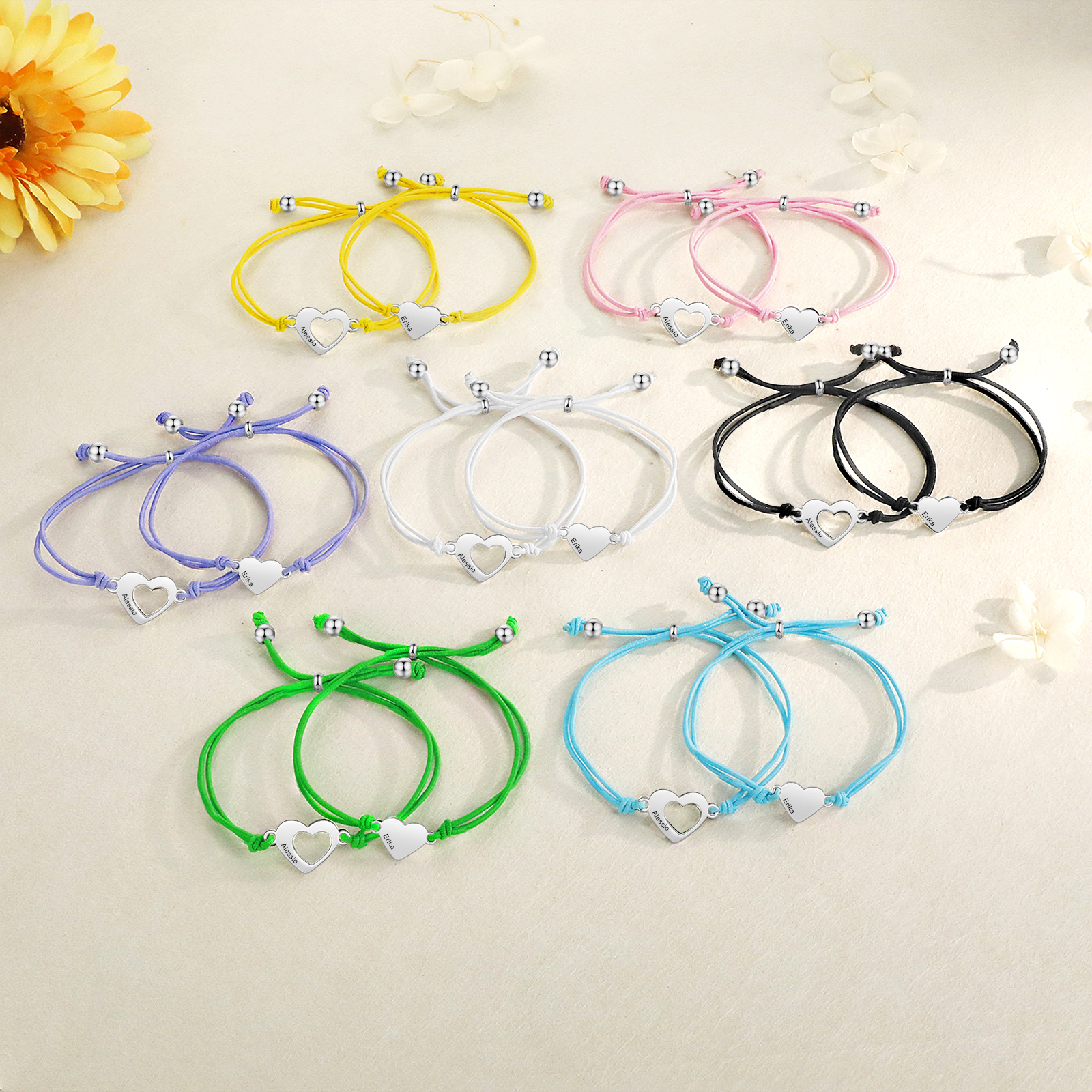 2 Pcs Heart Bracelet Set Custom 2 Names Adjustable Bracelets Back to School Gift for Daughter Granddaughter-Jessemade AU