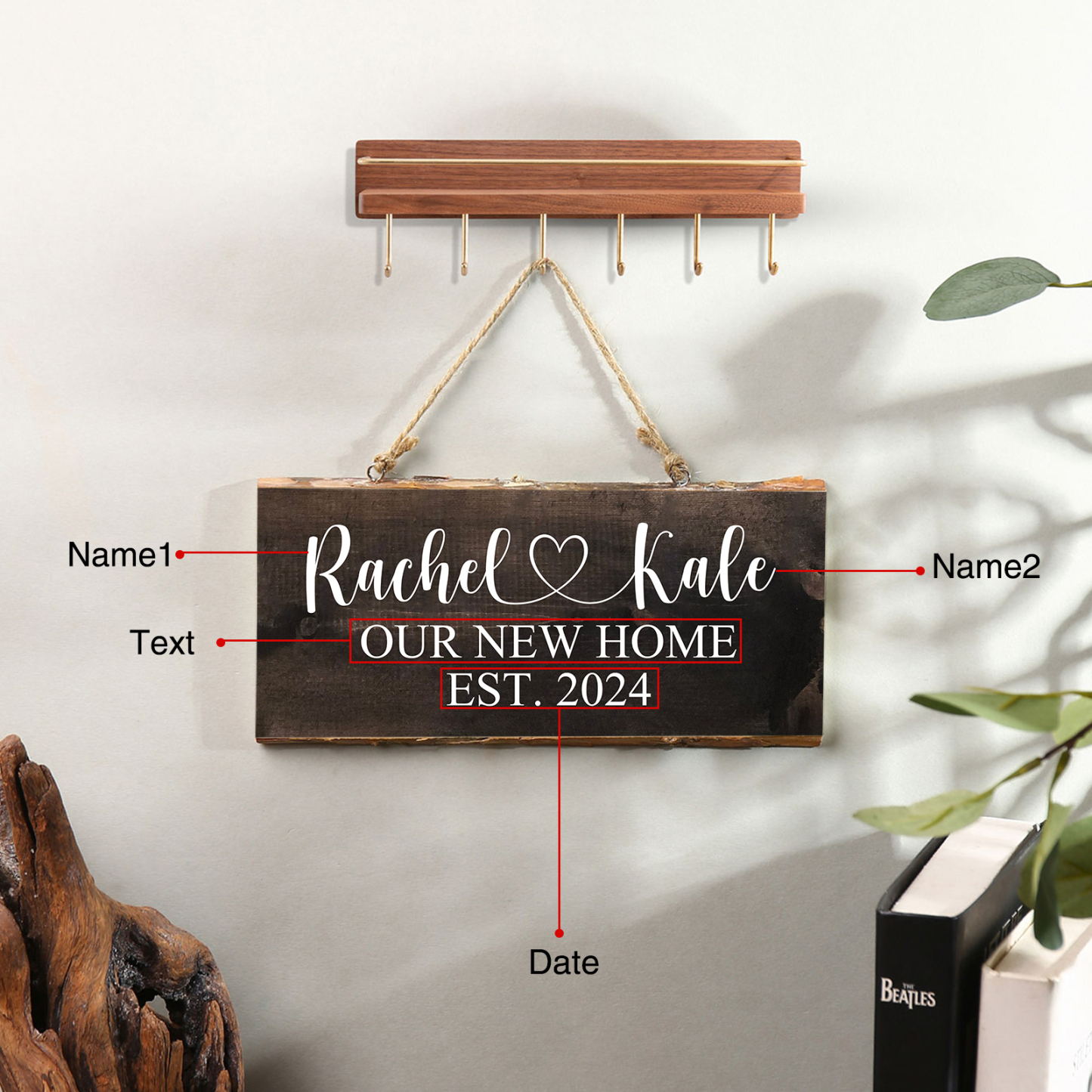 Personalised 2 Names Rectangle Hanging Ornament Custom Text & Date Wooden Sign Home Decor Gifts for Couple-Jessemade AU