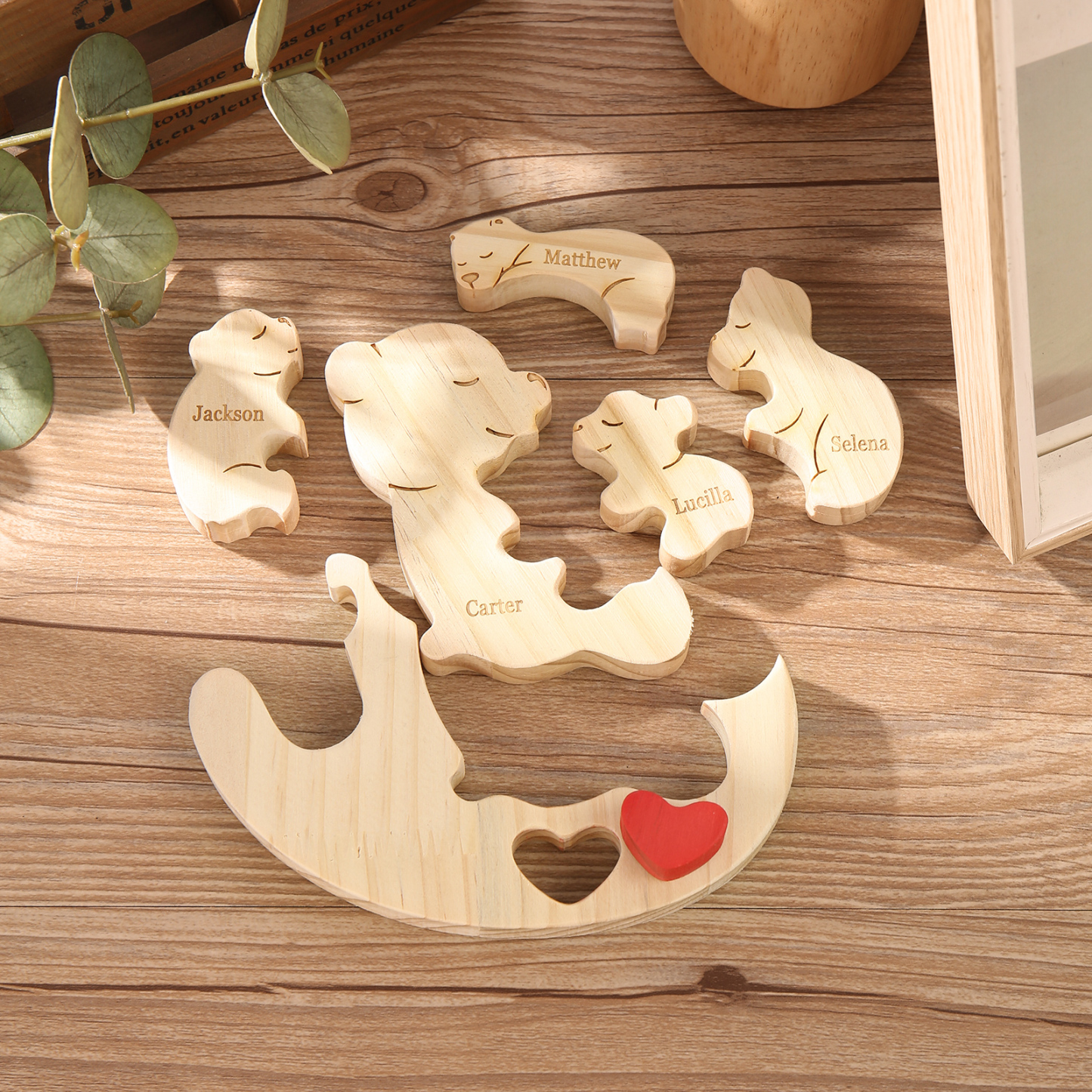 Personalised Wooden Bear Family Puzzles Custom 5 Names Animal Heart Ornaments Fathers Day Gifts-Jessemade AU