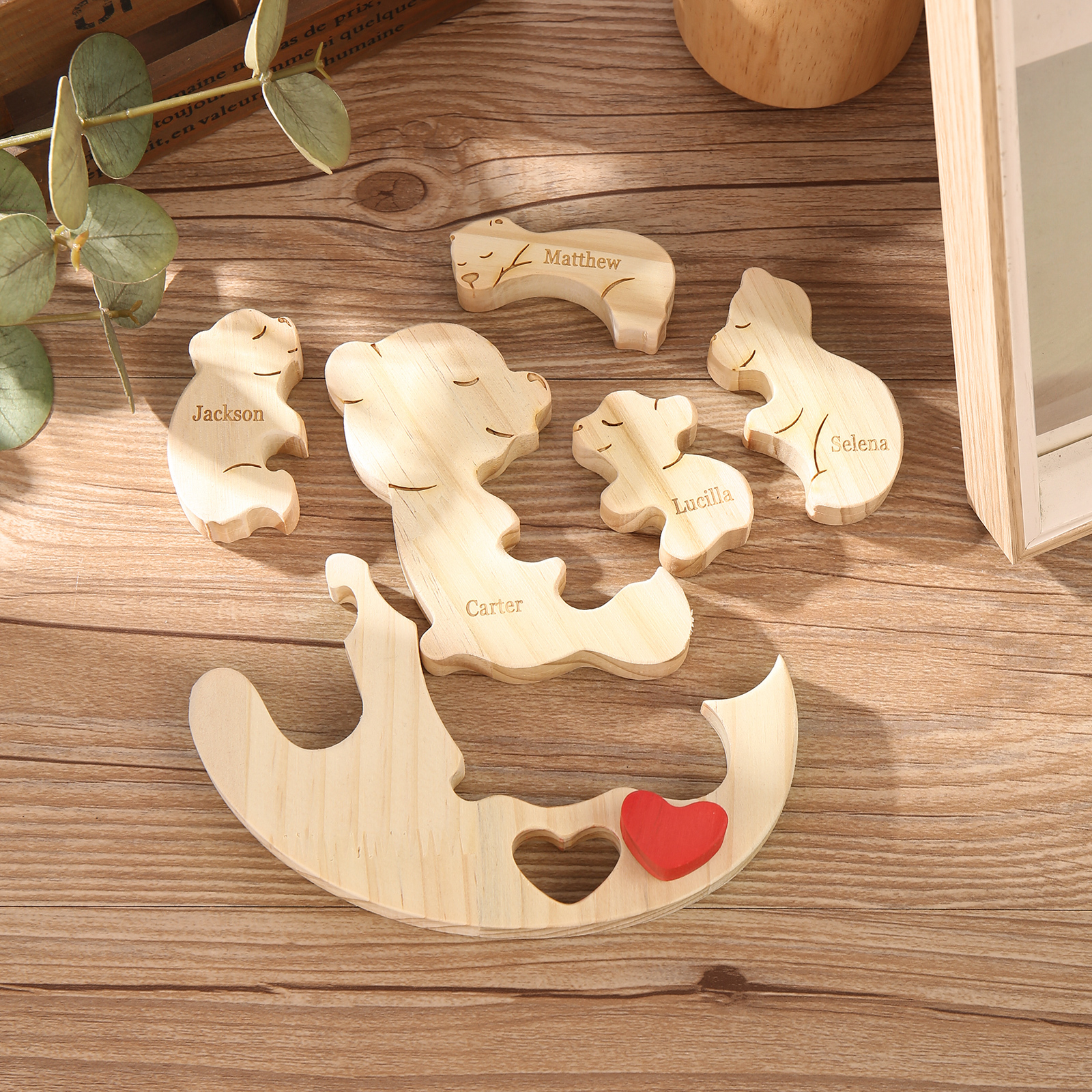 Personalised Wooden Bear Family Puzzles Custom 5 Names Animal Heart Ornaments Fathers Day Gifts-Jessemade AU