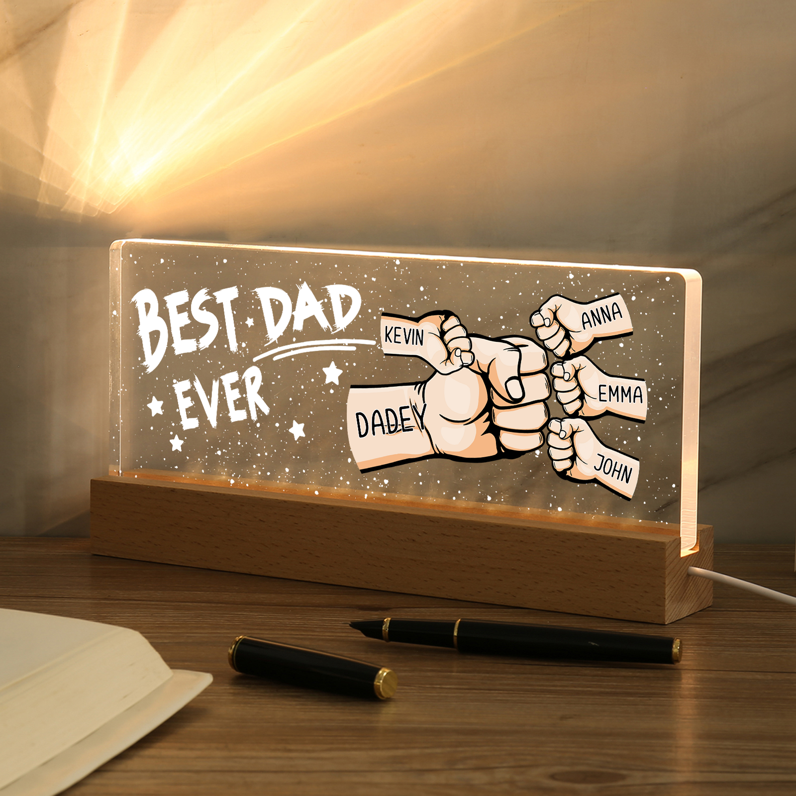 Best Dad Ever - Personalised 5 Names Acrylic Night Light Custom Fist Bump LED Lamp Fathers Day Gifts-Jessemade AU