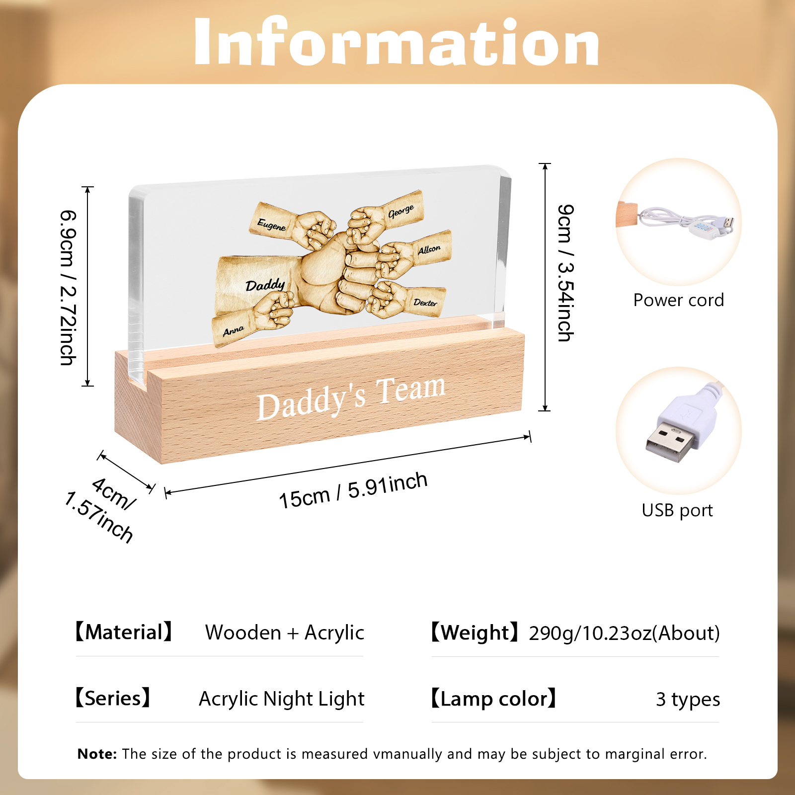 6 Names -  Personalised Name & Text Acrylic Night Light Custom Fist Bump LED Lamp Fathers Day Gifts-Jessemade AU