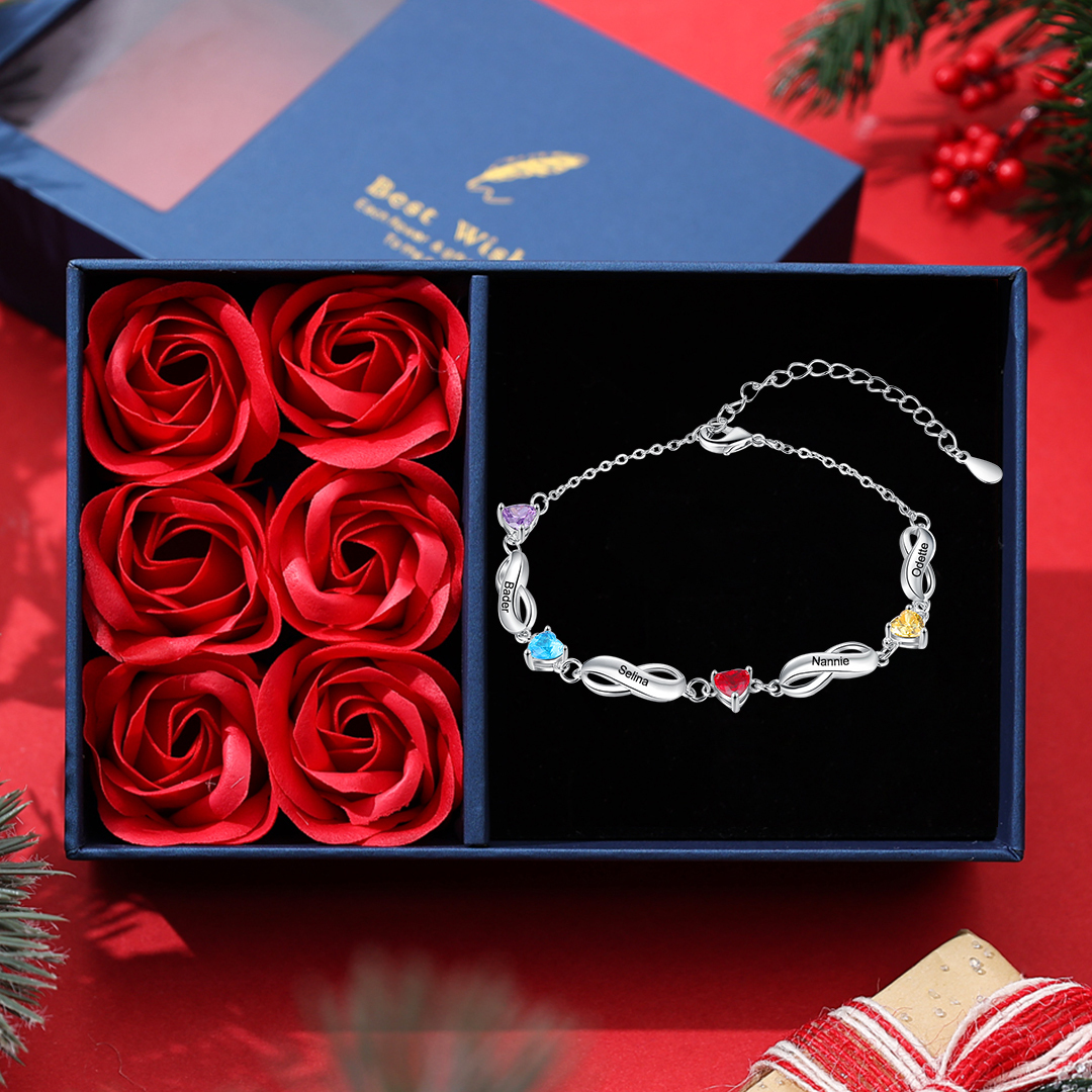 Personalised Infinity Bracelet With 4 Birthstones Engraved Names Bracelet Gift For Women-Jessemade AU