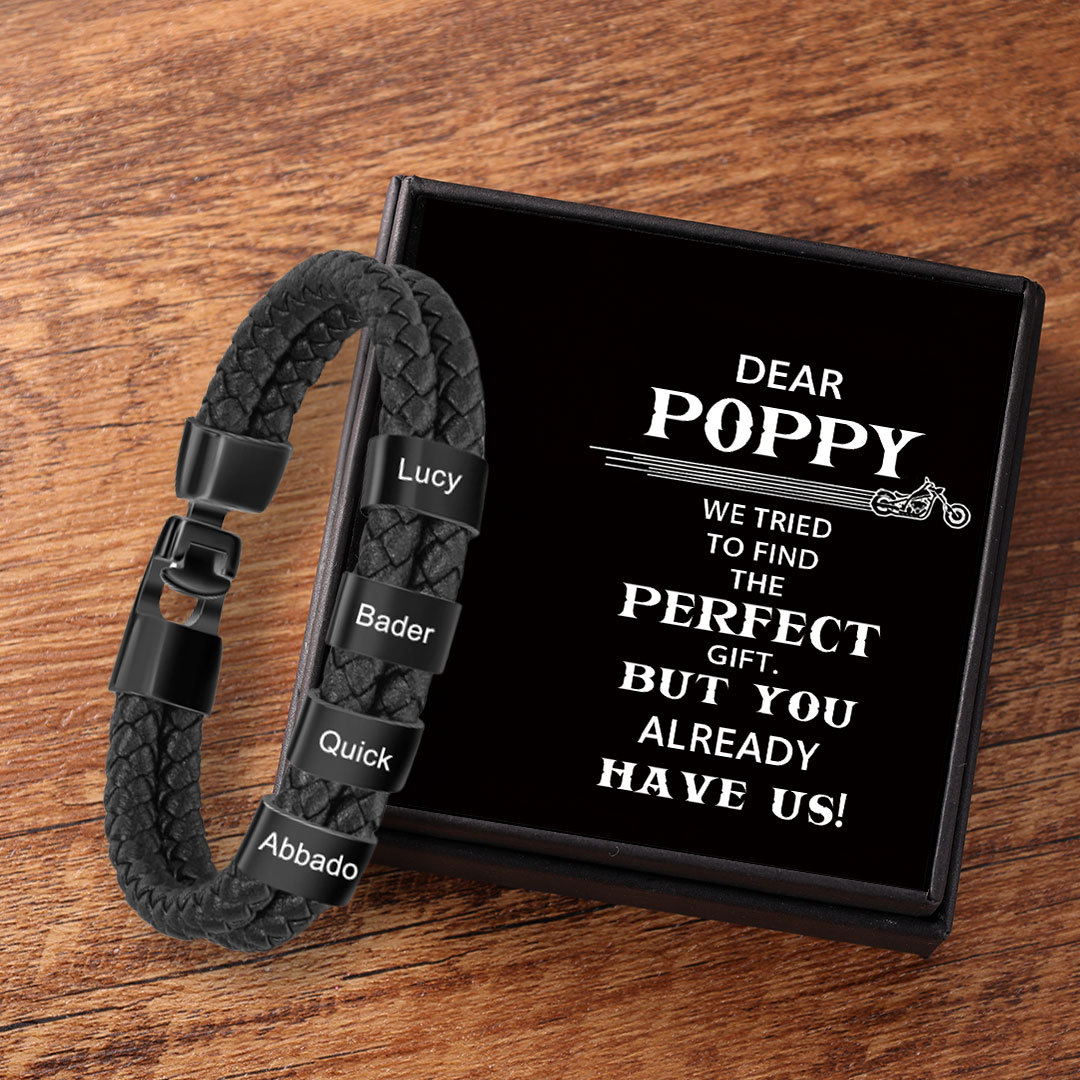 Personalised Braided Leather Bracelet Engraved 4 Names Men's Bracelet Gifts for Poppy-Jessemade AU