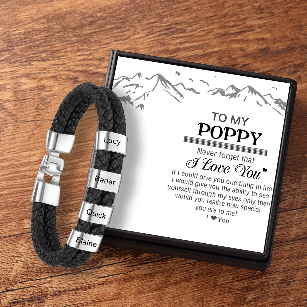 Personalised Braided Leather Bracelet Engraved 4 Names Men's Bracelet Gifts for Poppy-Jessemade AU