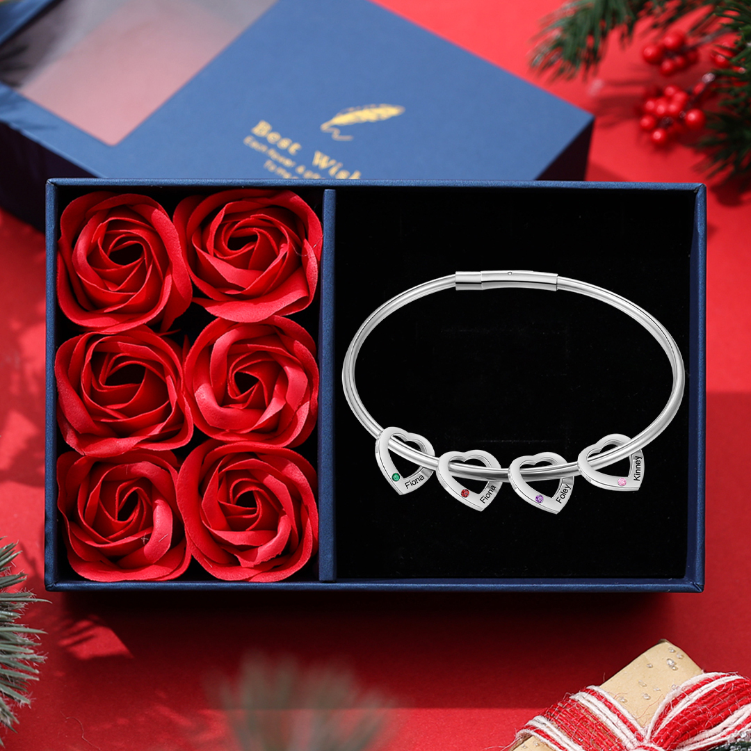 Personalised Heart Bracelet With 4 Birthstones Engraved Names Bracelet Gift For Women-Jessemade AU