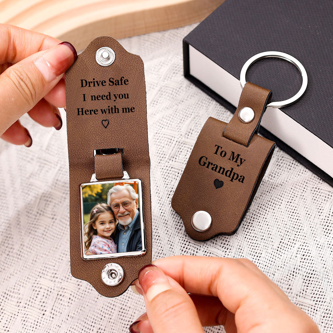 To Poppy/Grandpa Leather Keyring Personalised Photo & Text Keychain - Drive Safe, I Need You Here With Me-Jessemade AU