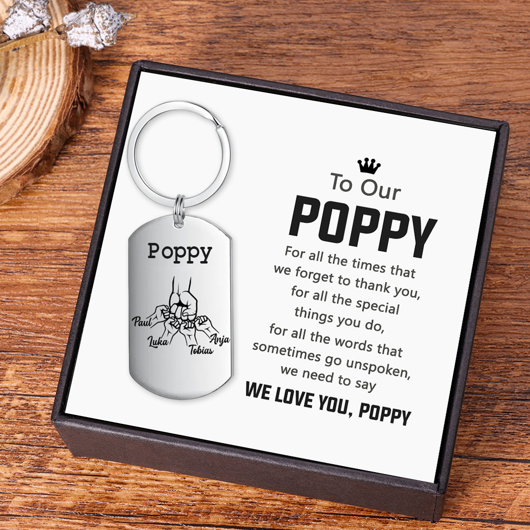 Personalised Fist Bump Keychain Custom 4 Names & 1 Text Keyring Gifts for Grandpa/Poppy
