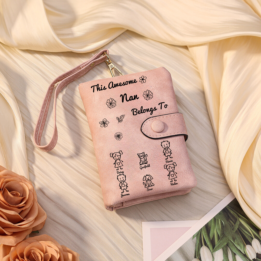 Personalised Women Wallet Custom 1–6 Names & Pattern Leather Wallet Pink Gift for Her "This Awesome Grandma Belongs To"